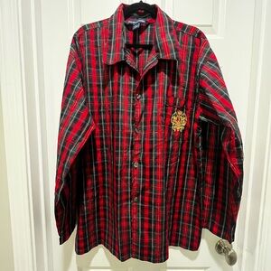 POLO Ralph Lauren Christmas Red Tartan Plaid Cotton Pajama Top Nightshirt button
